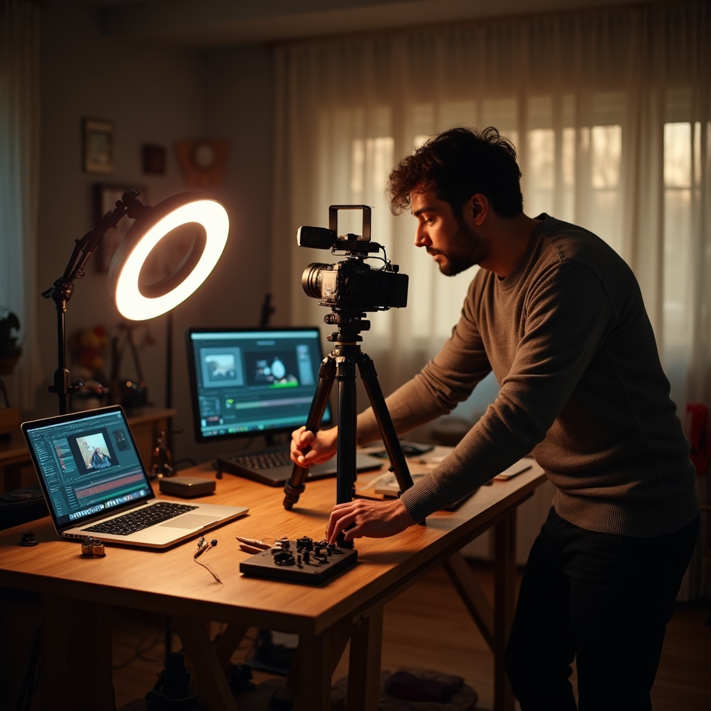 Configurație de filmare cu cameră video îndreptată spre o masă de lucru cu unelte